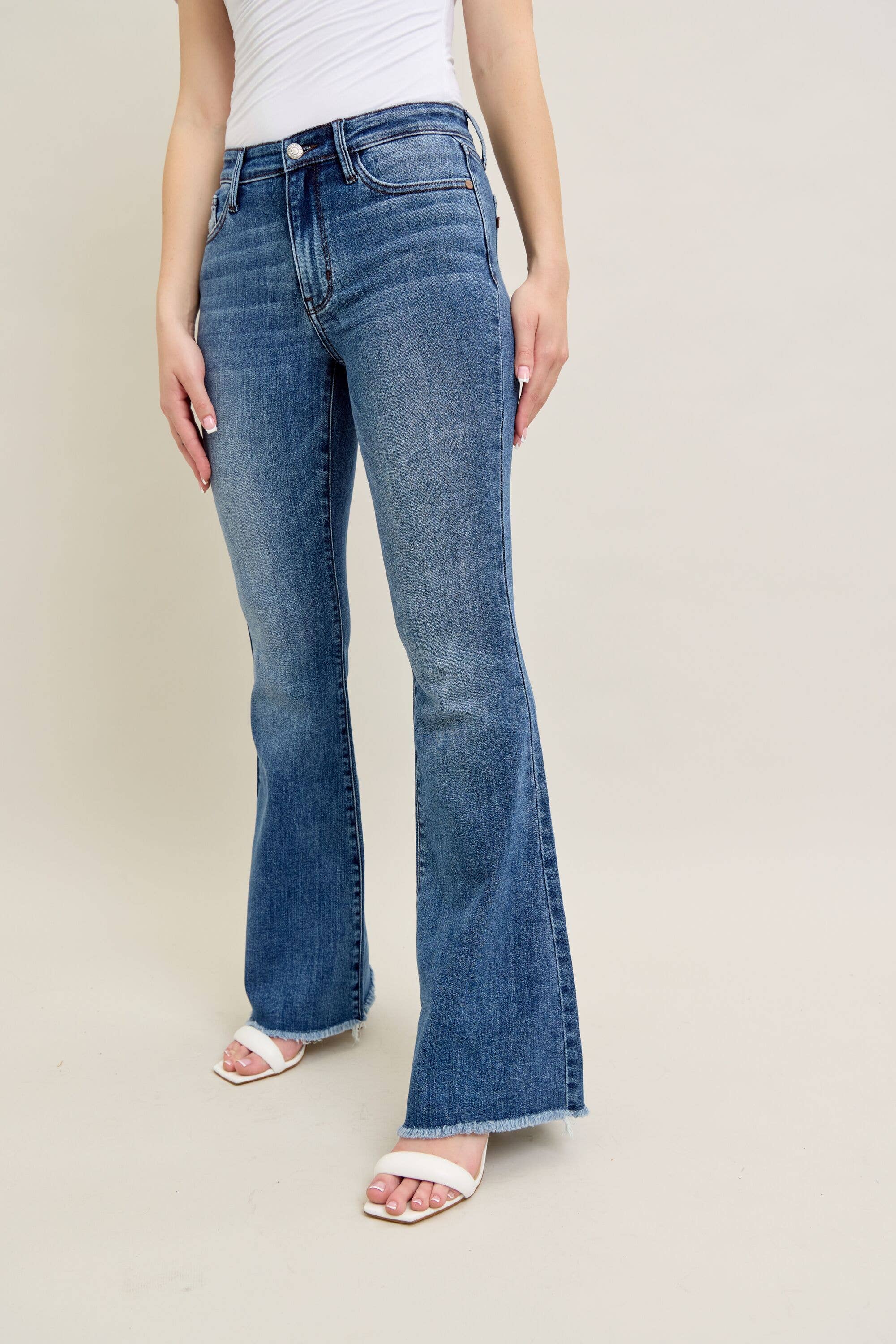 Mid Rise Vintage Wash Flare w/ Distressed and Fray Hem
