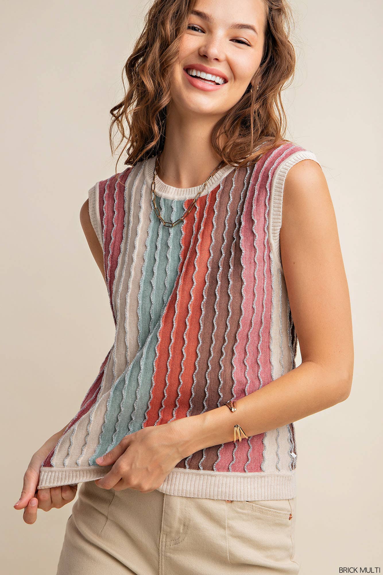 MULIT COLOR SHIMMER STRIPED SWEATER TEE: BRICK MULTI Spring-Summer Kori