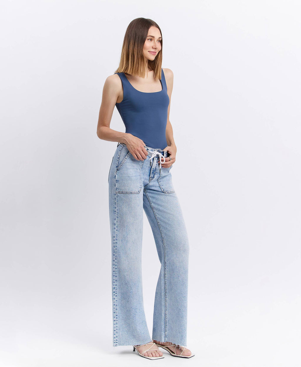 FLYING MONKEY - HIGH RISE DRAWSTRING WAISTBAND WIDE LEG JEANS F6065 FLYING MONKEY