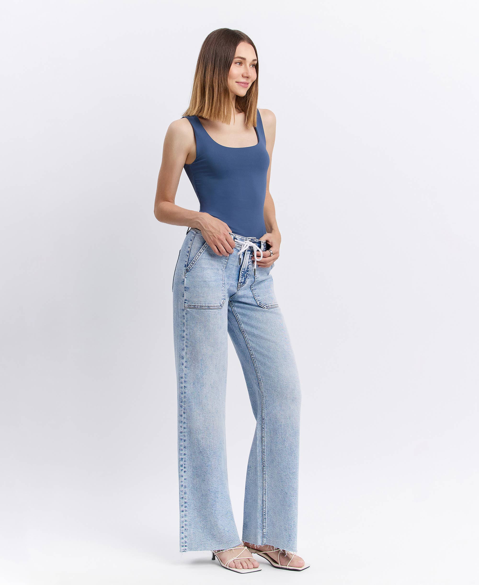 FLYING MONKEY - HIGH RISE DRAWSTRING WAISTBAND WIDE LEG JEANS F6065 FLYING MONKEY