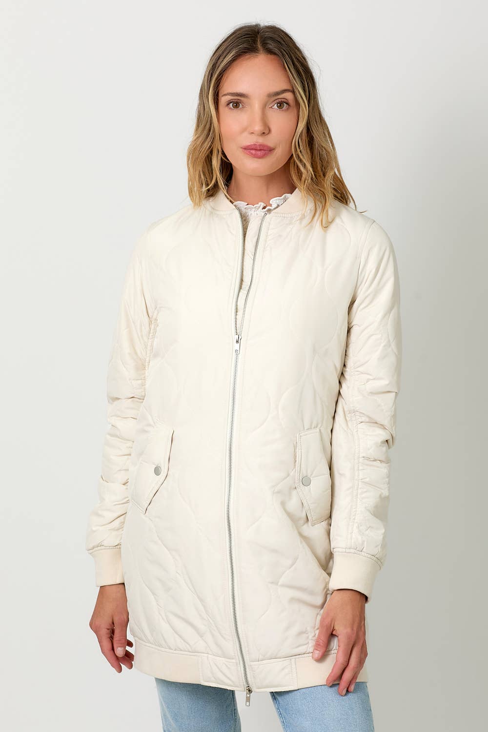 Mystree - 60268 Quilted Long Bomber Jacket Mystree