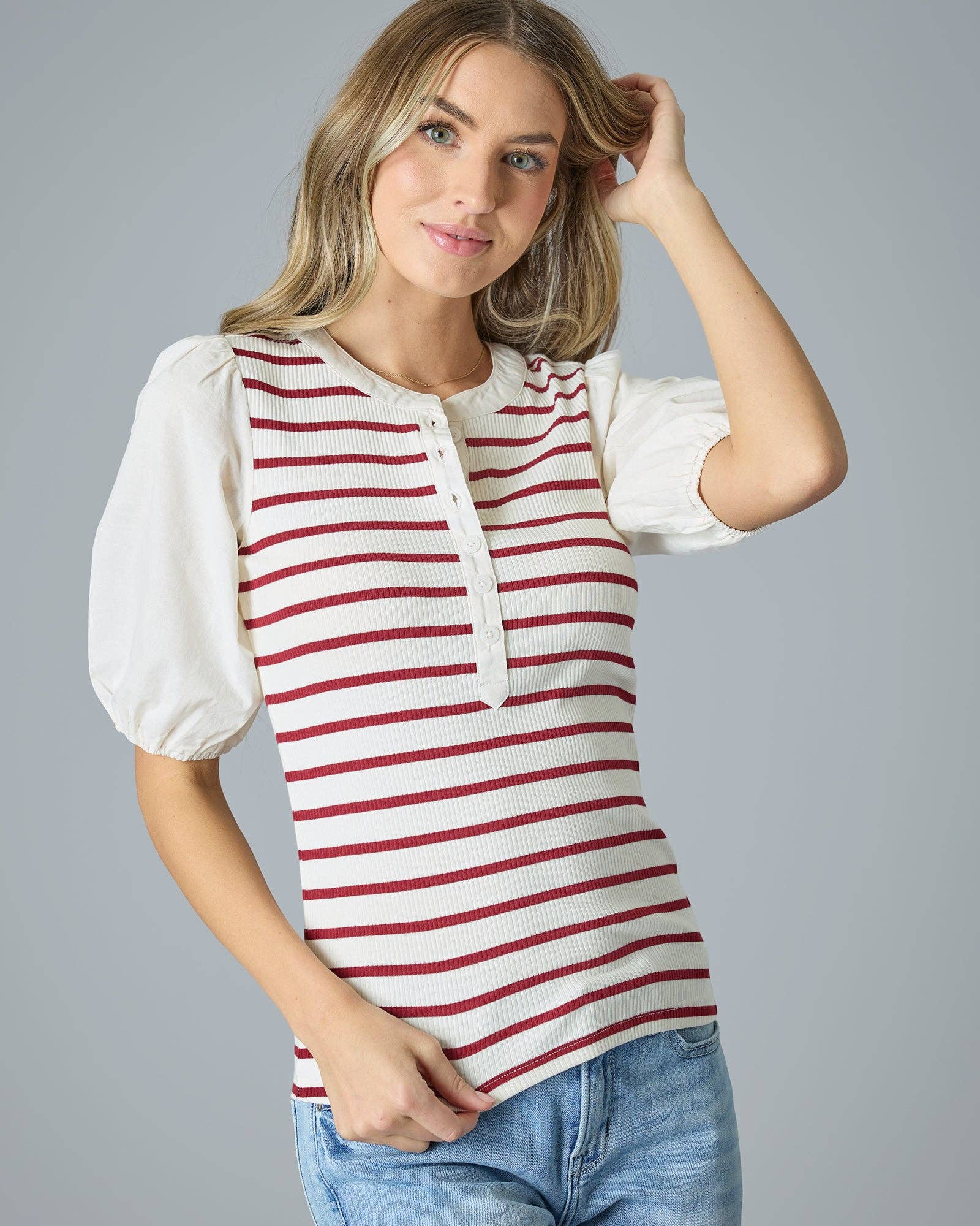 Tomato Stripe Puff Sleeve Henley Top Fall-Winter Downeast