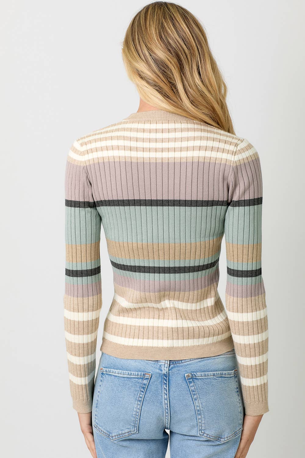 Ivory & Latte Color Block Striped Sweater Top Fall-Winter Mystree