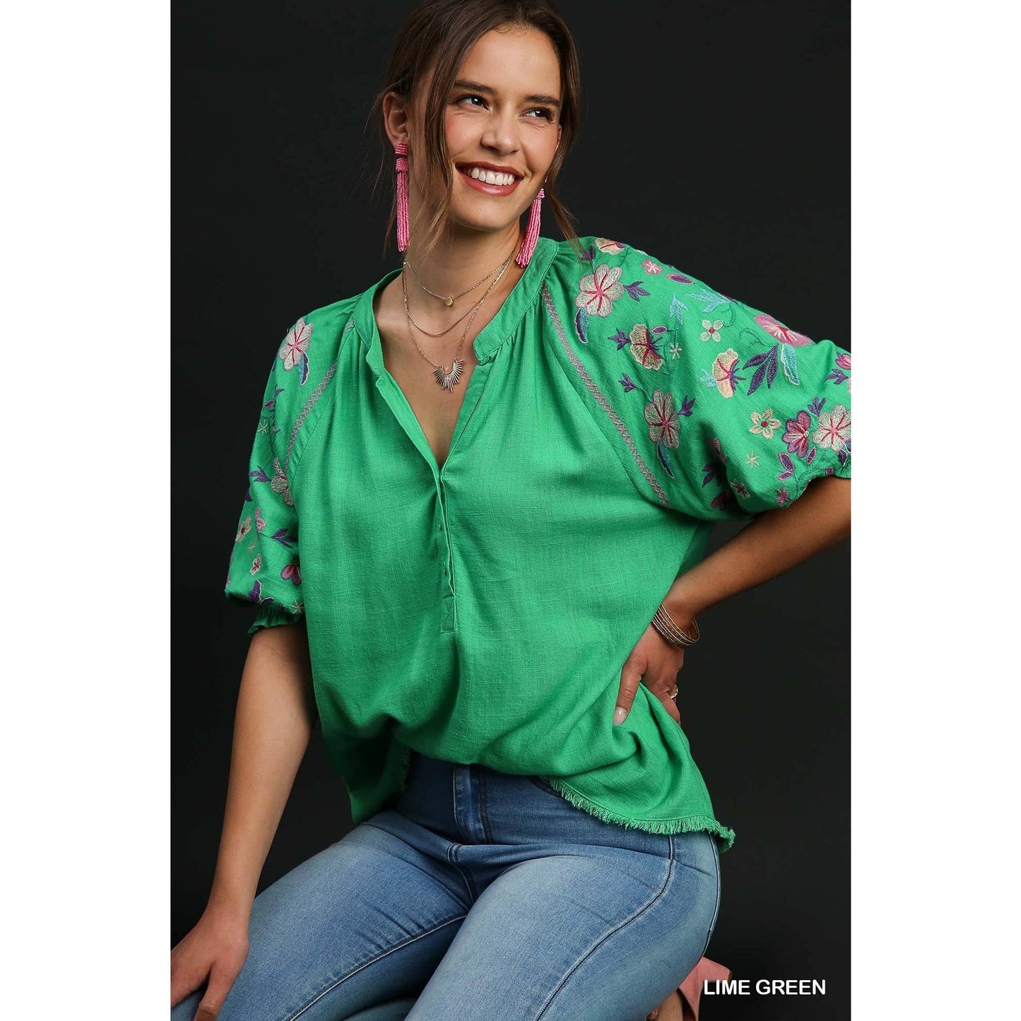 Lime Green Linen Split Neck Mid Button Down Top Spring-Summer STYLE USA
