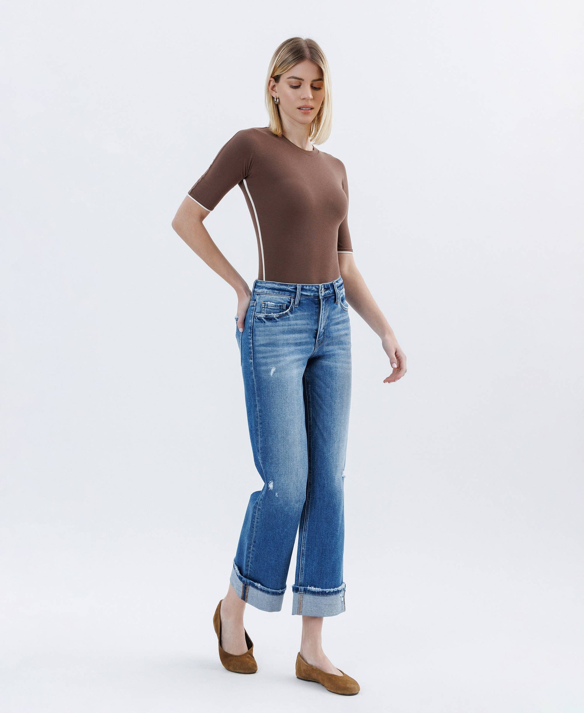 HIGH RISE CUFFED SLIM WIDE LEG JEANS FLYING MONKEY