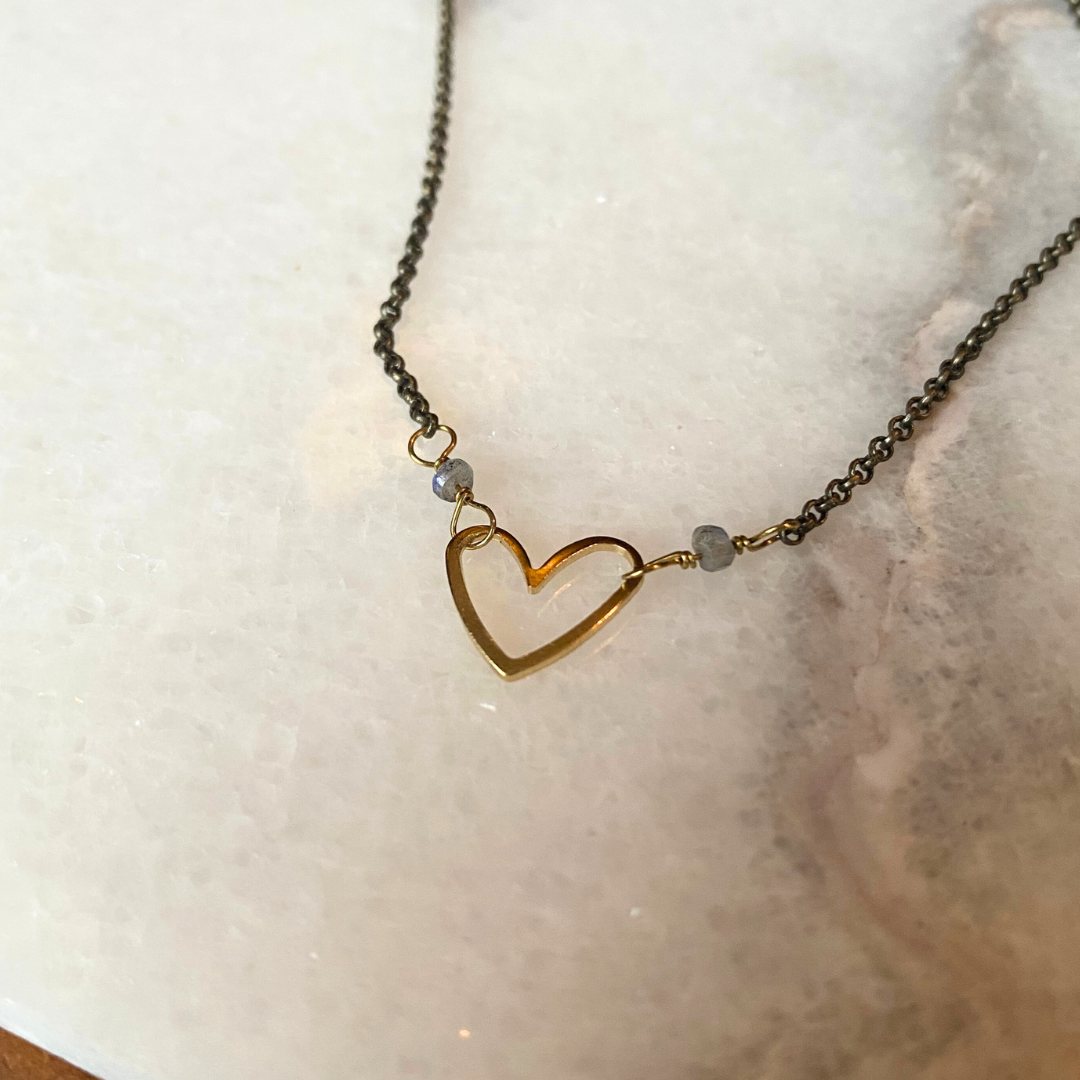 Heart Necklace | Semi-Precious Stones + Brass Charms