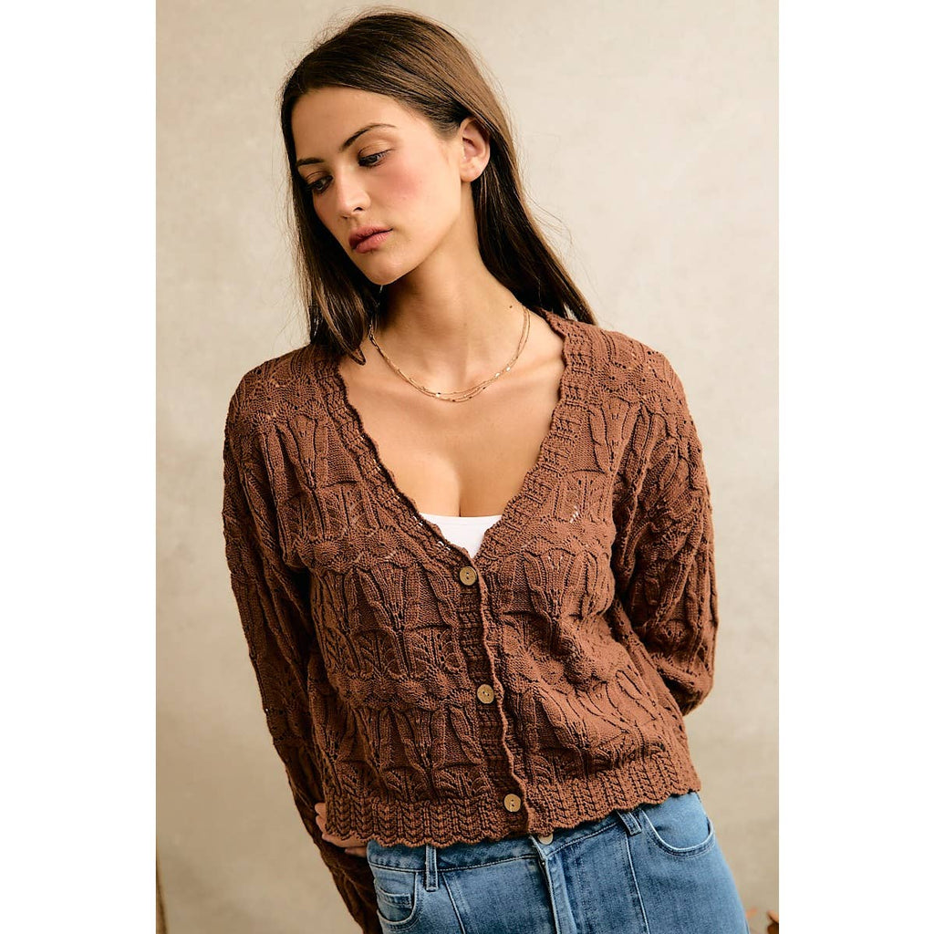 Textured Scallop Edge Button Cardigan Sweater