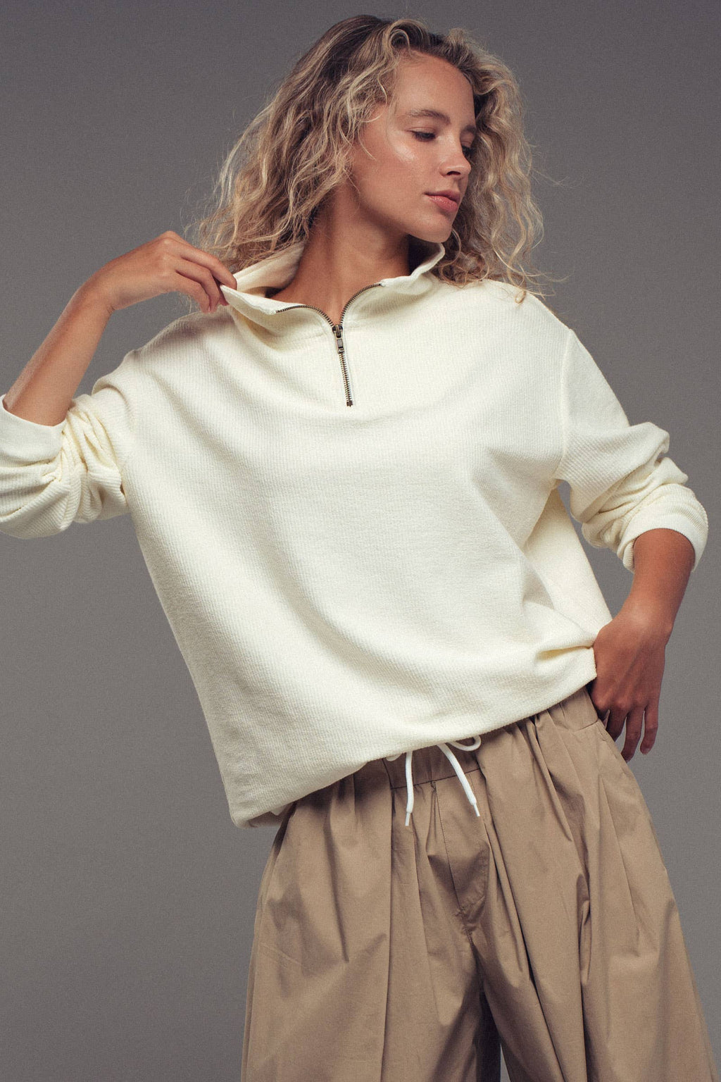 Vintage Washed Quarter Zip Ribbed Sweatshirt
