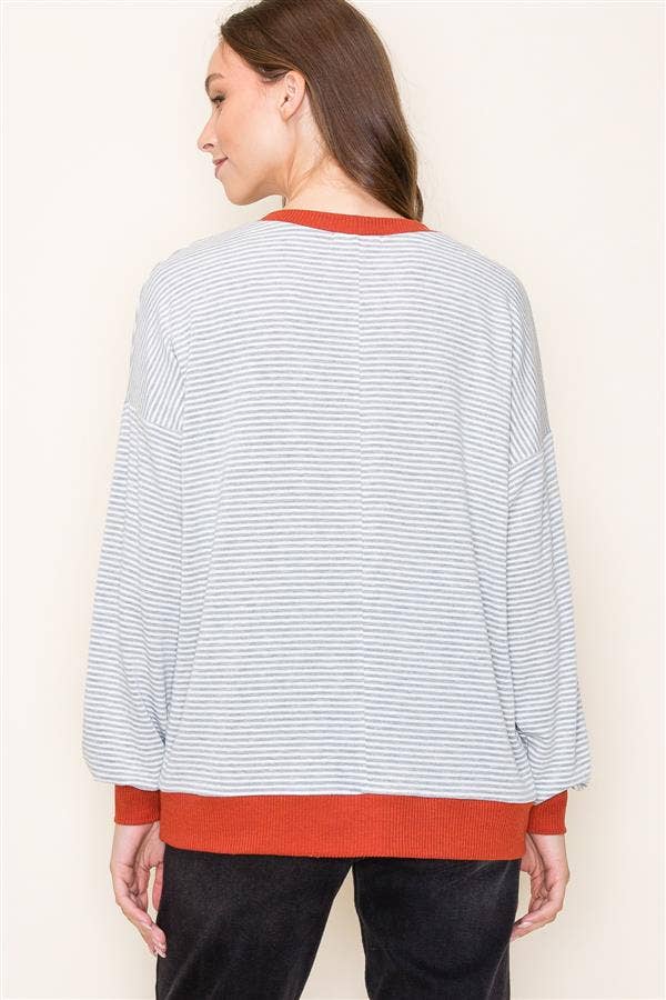 Heather Grey Contrast Trimmed Crew Neck Long Sleeve Pinstripe Terry Top Fall-Winter STACCATO