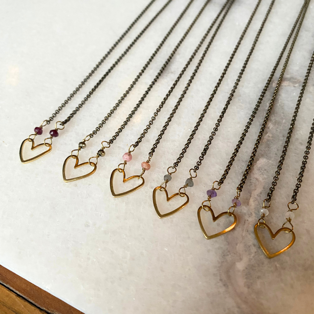 Heart Necklace | Semi-Precious Stones + Brass Charms