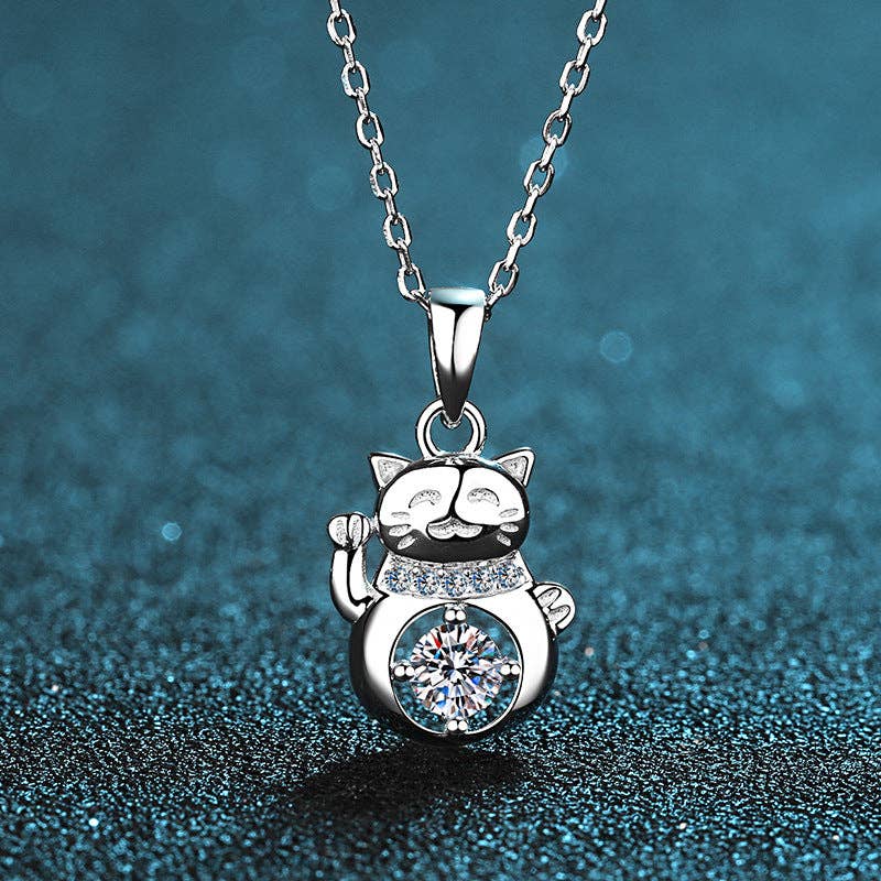 Moissanite Lucky Cat Wedding Necklace in 925 Sterling Silver Core Perimade & Co. LLC