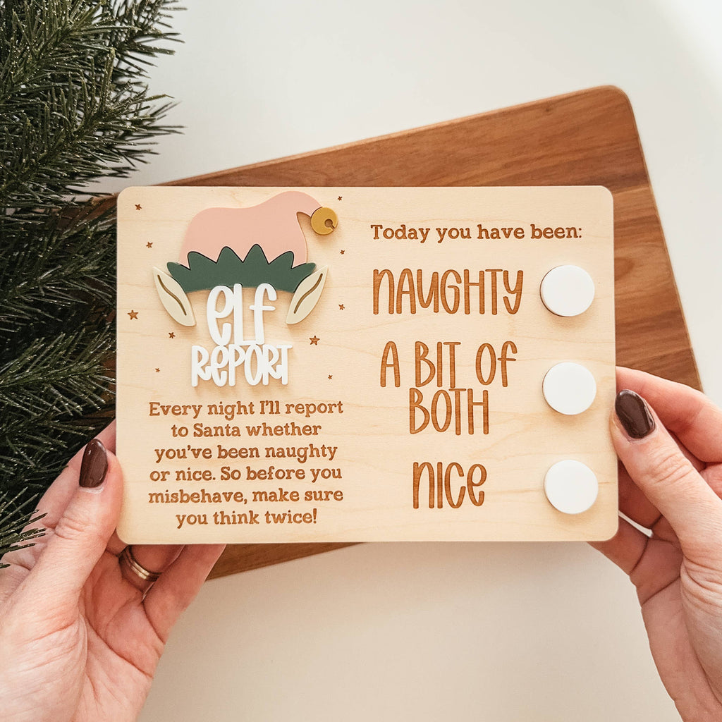 Wooden Elf Report Sign with 3D lettering and dry-erase circles for daily Christmas elf updates