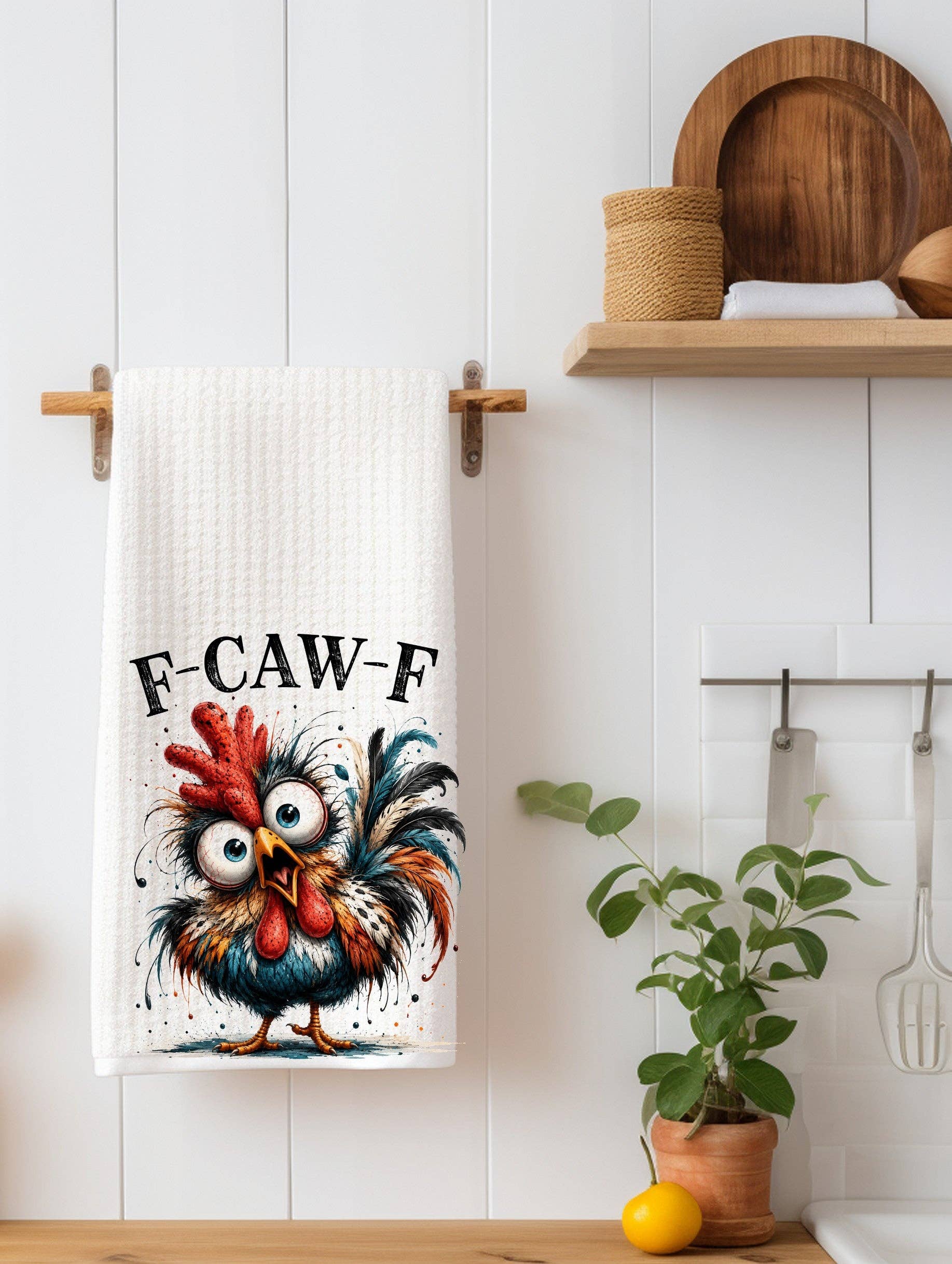 F-CAW-F Crazy Chicken - Waffle Weave Kitchen Towel