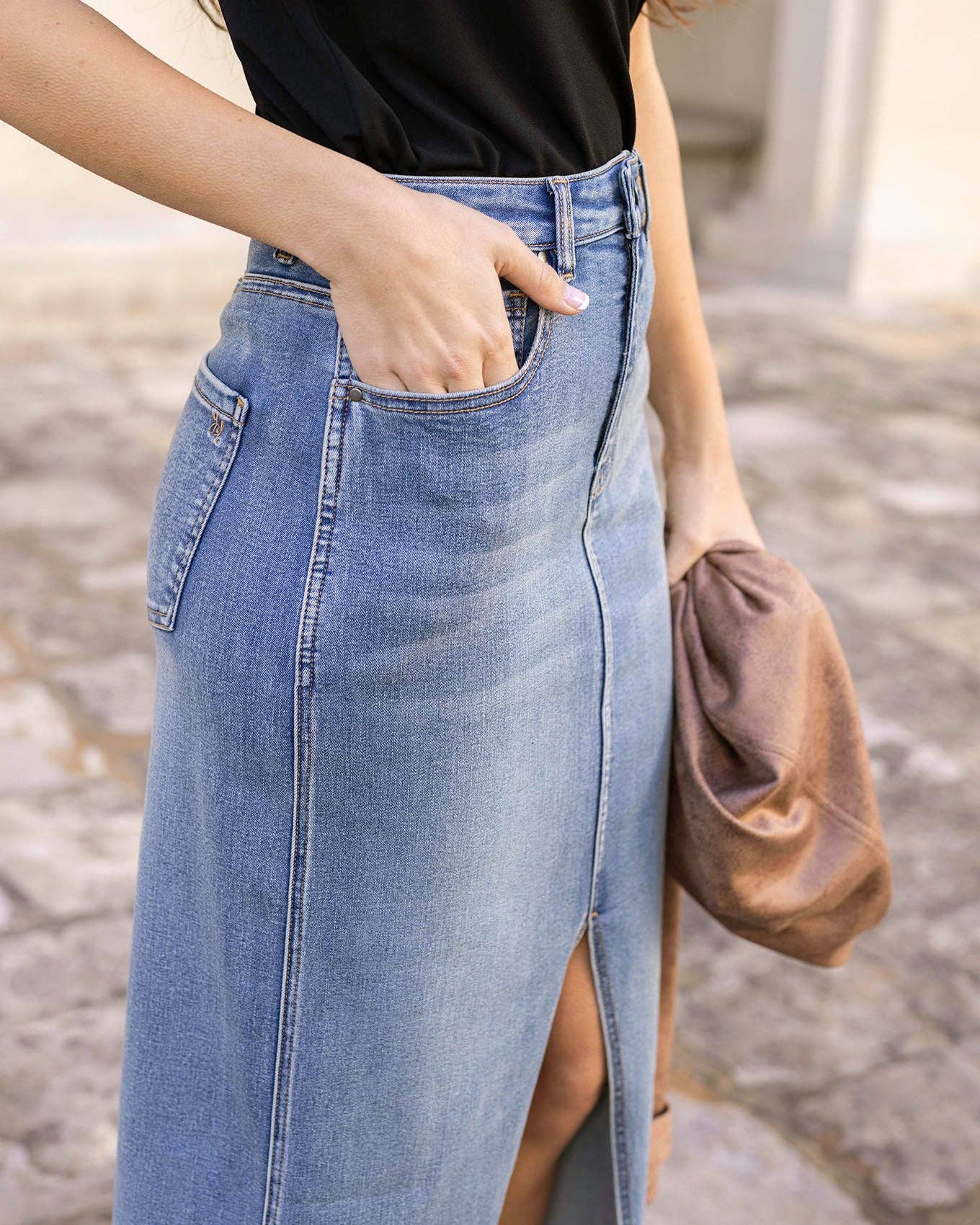 Mid-Wash Denim Midi Skirt Spring-Summer Grace and Lace