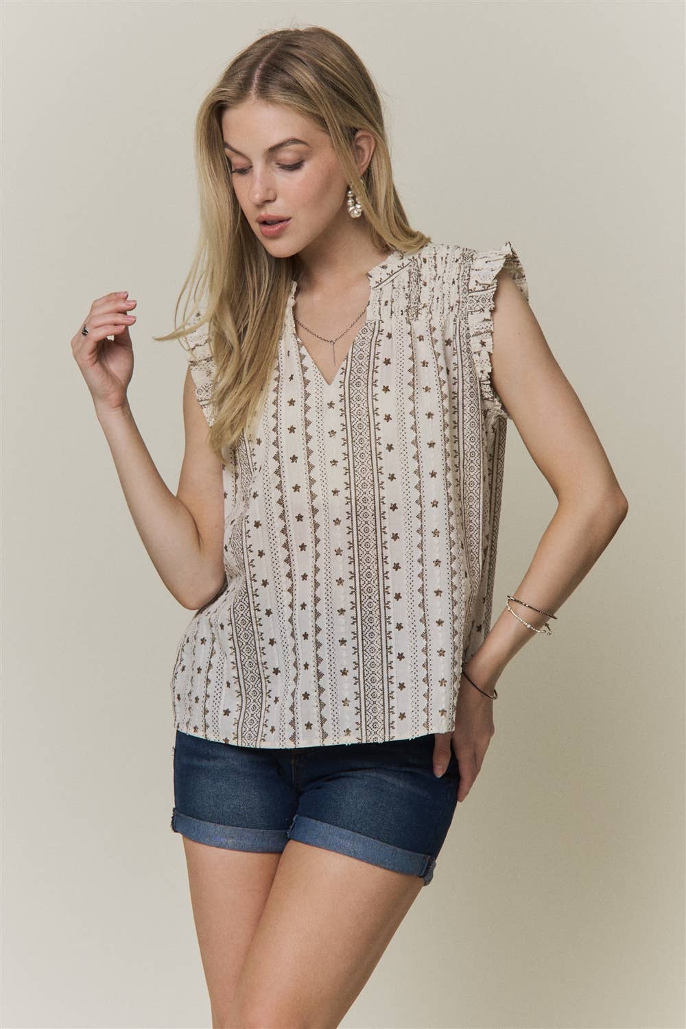 Boho Print Ruffle Cap Sleeve Blouse