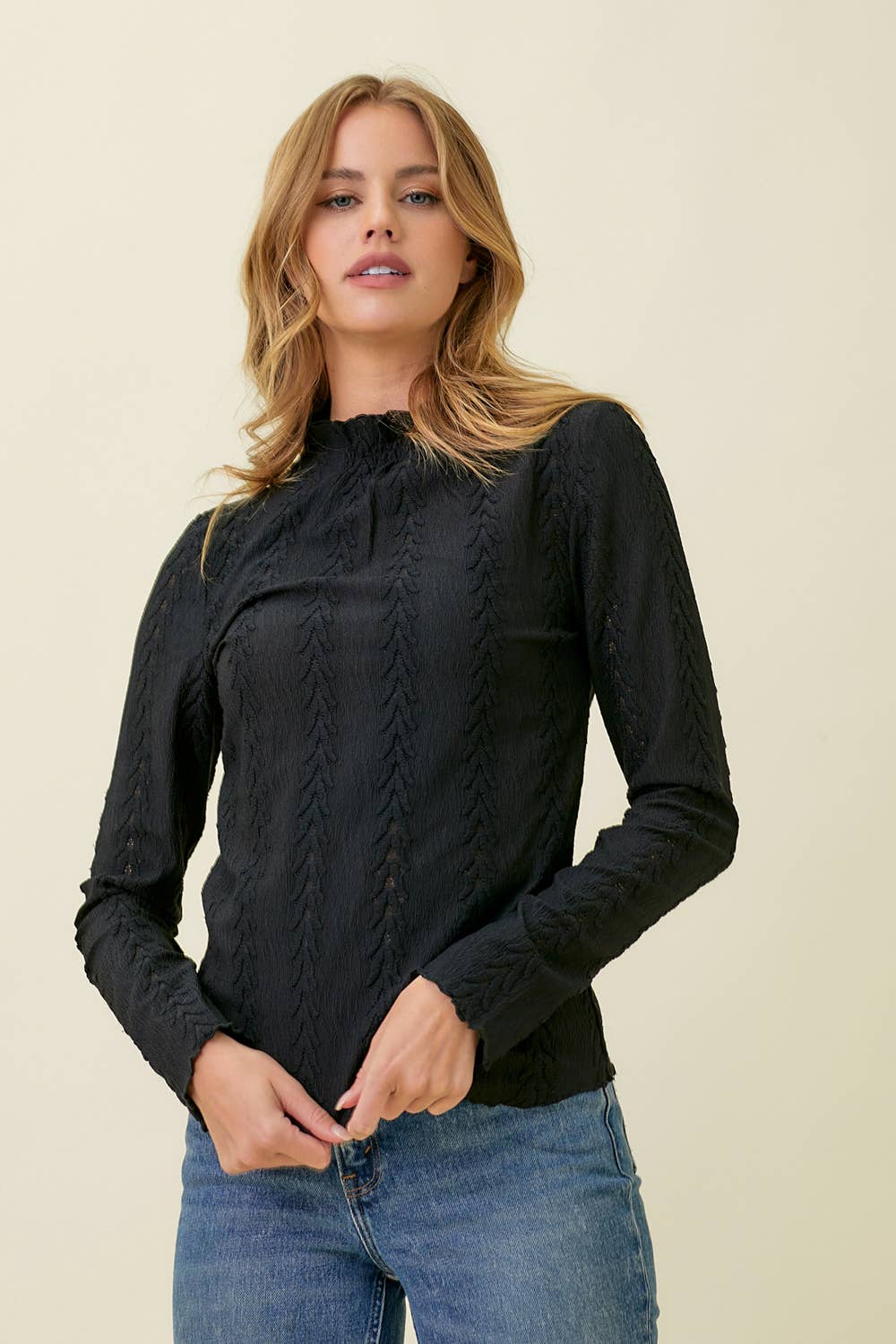 Black Mock Neck Lettuce Edge Textured Top Fall-Winter Mystree