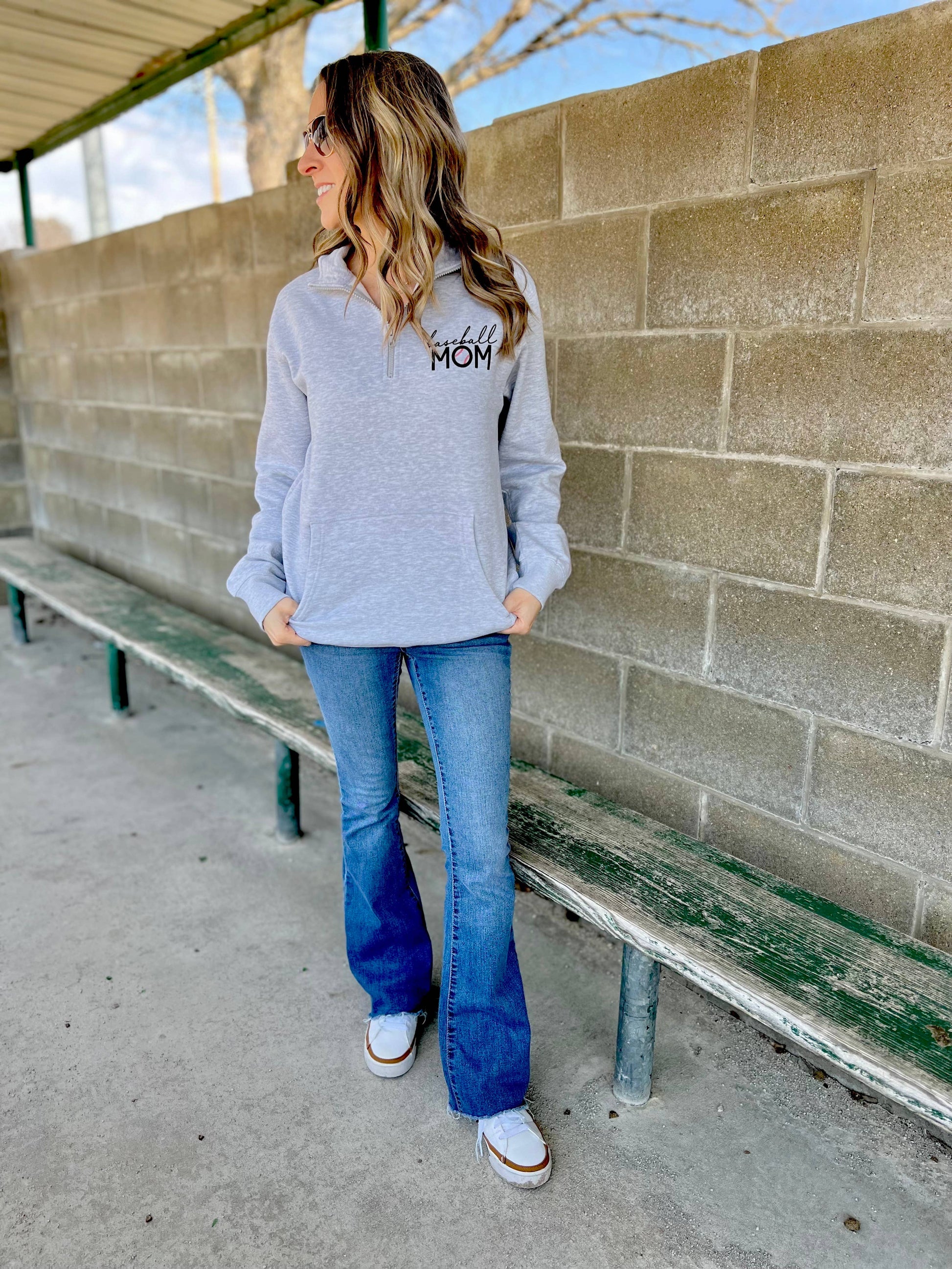 BASEBALL MOM - 1/4 Zip Sweatshirt w/front pouch pocket: Light Heather Grey Spring-Summer Lemon Lorraine's LLC