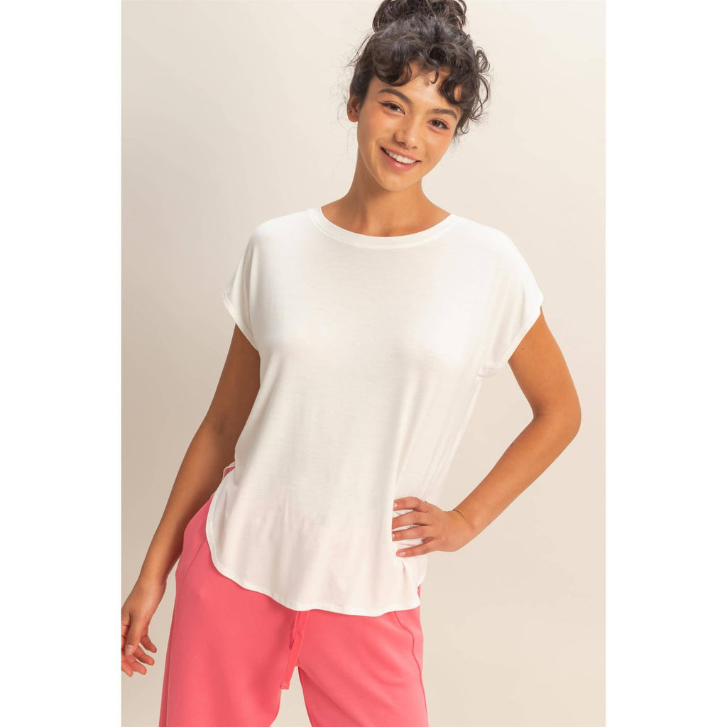 Relaxed Dolman Short Sleeve  Round Neck Top