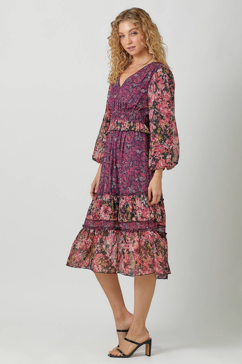 Burgundy Print Mix Floral Midi Dress Fall-Winter Mystree