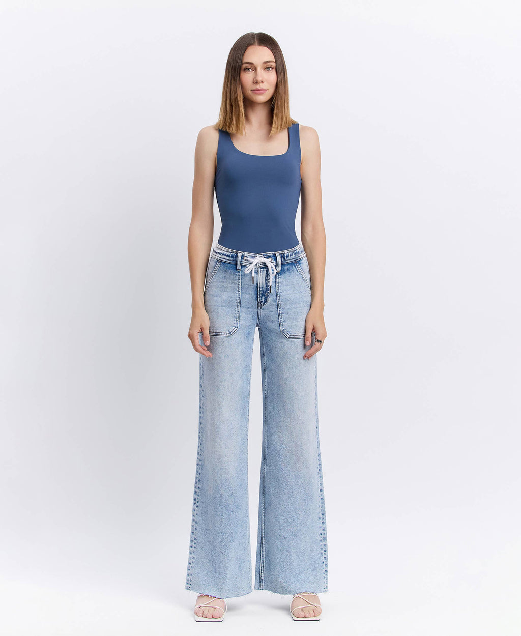 FLYING MONKEY - HIGH RISE DRAWSTRING WAISTBAND WIDE LEG JEANS F6065 FLYING MONKEY