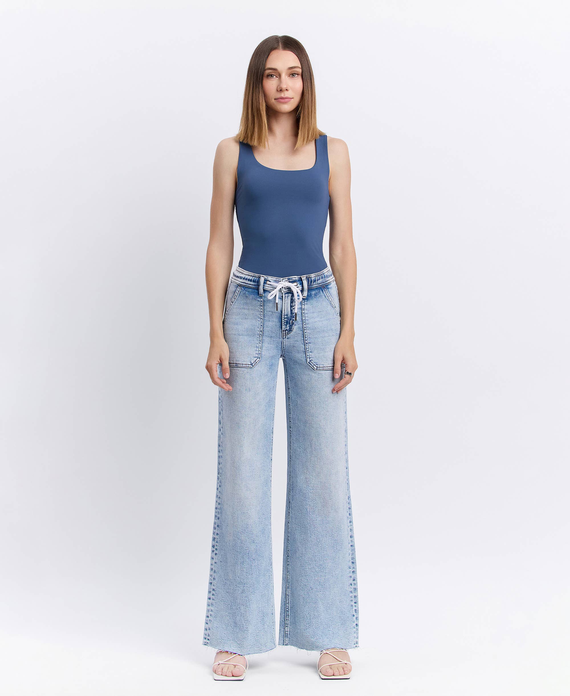 FLYING MONKEY - HIGH RISE DRAWSTRING WAISTBAND WIDE LEG JEANS F6065 FLYING MONKEY