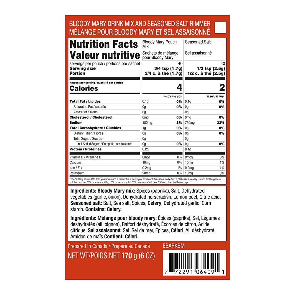 Bloody Mary Gift Set nutrition facts and ingredients label with drink mix and seasoned salt rimmer details