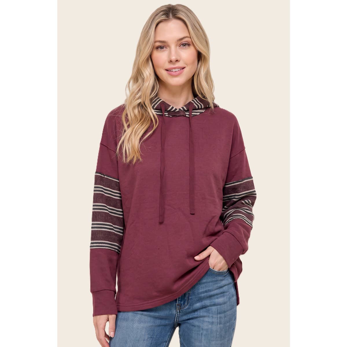 STRIPE MIXED DRAWSTRING HOODIE