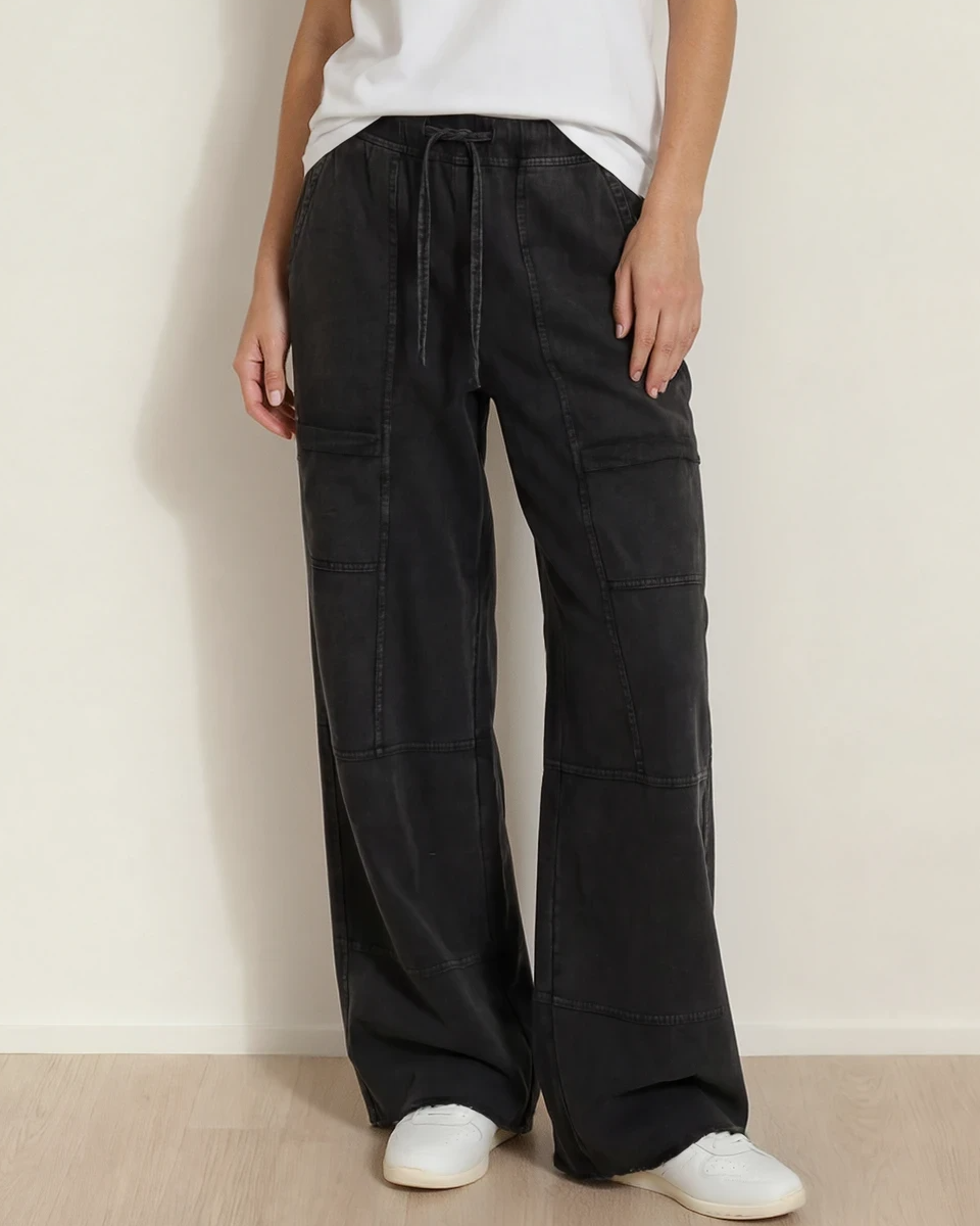 Hannah Mineral Wash Pants-Black | Cargo Pants | Wide Leg