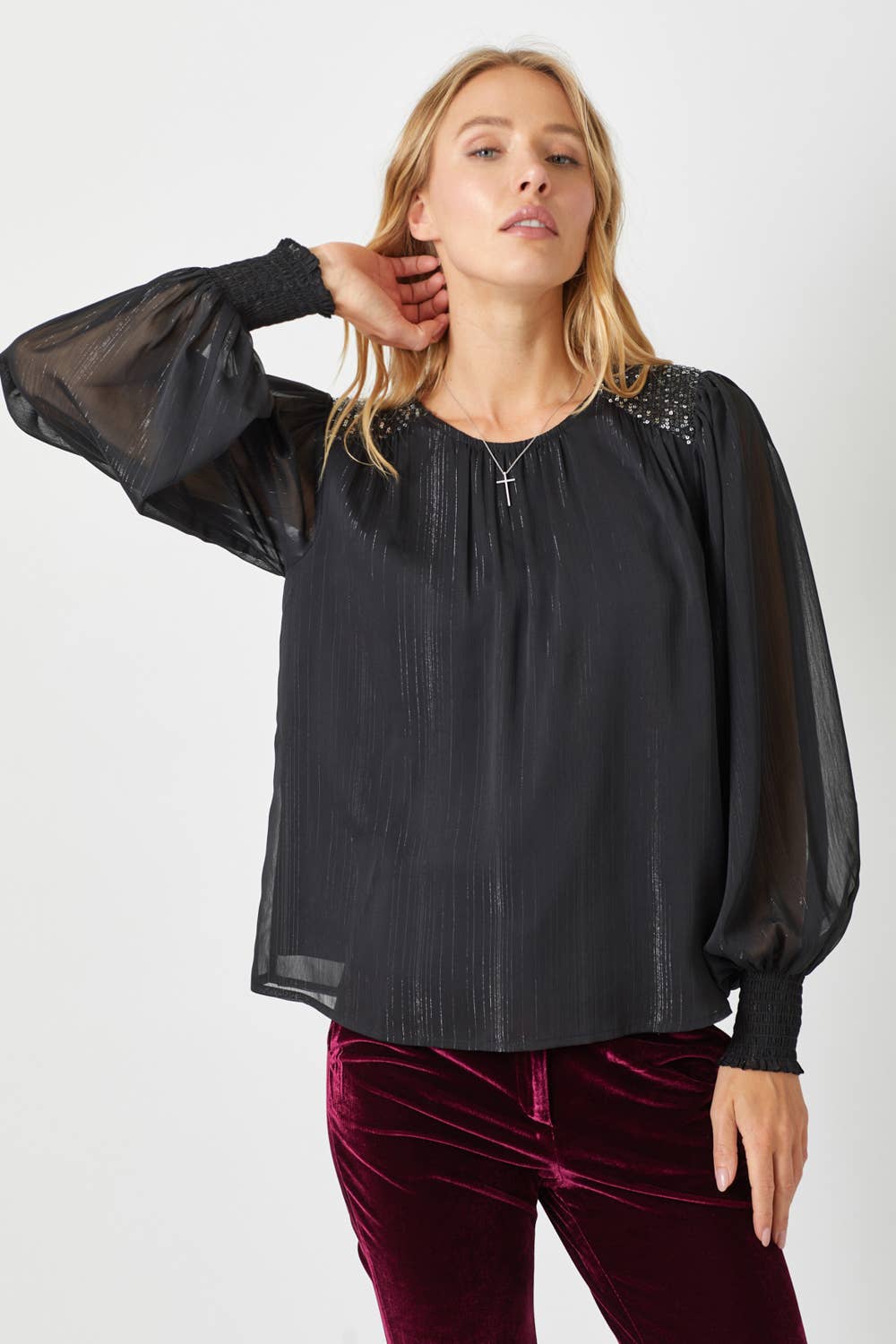 Black Flowy Glitter Chiffon Blouse Fall-Winter Mystree