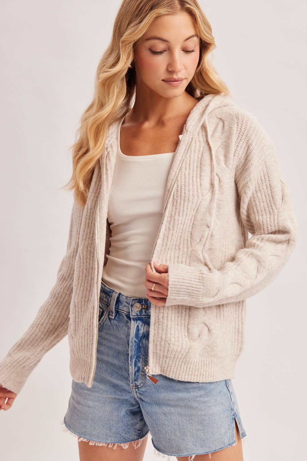 CABLE KNIT SWEATER CARDIGAN WITH HOOD