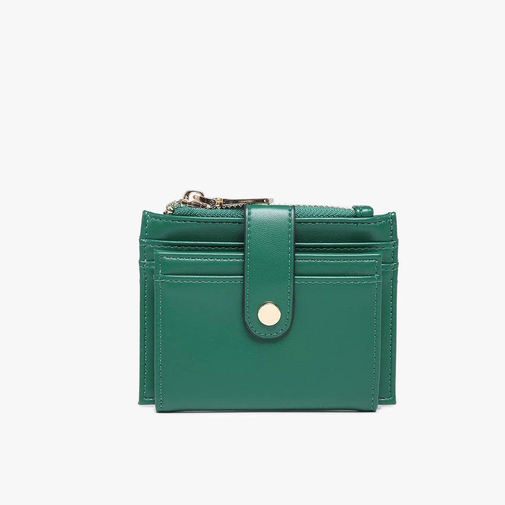 Sam Mini Snap Wallet vegan leather card holder with gold-tone hardware and top zipper closure