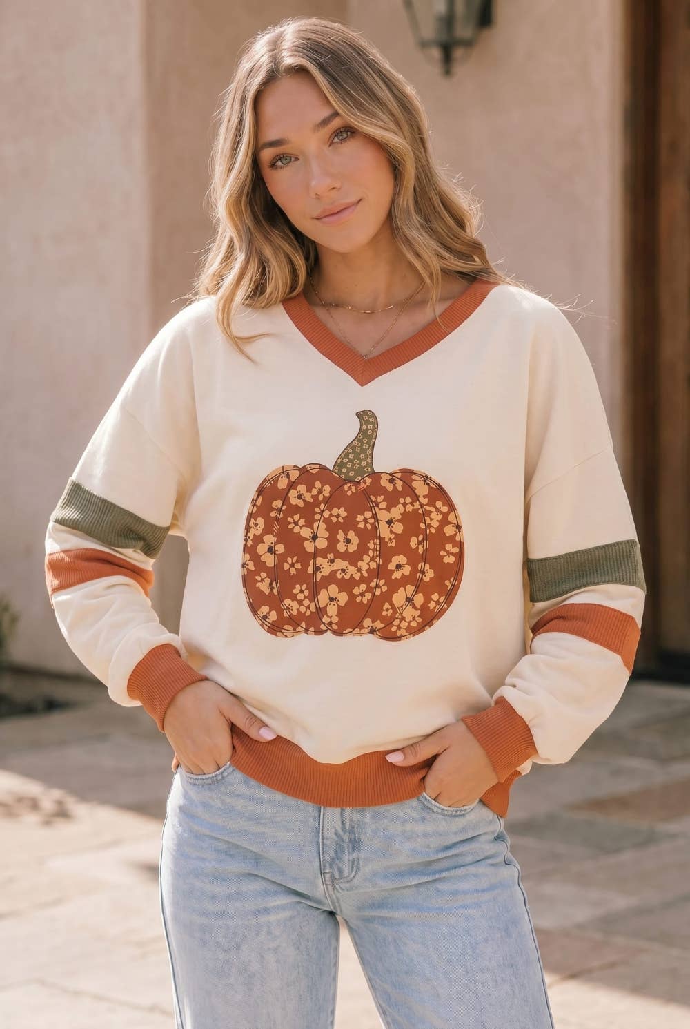 Floral Pumpkin V Neck Sweatshirt