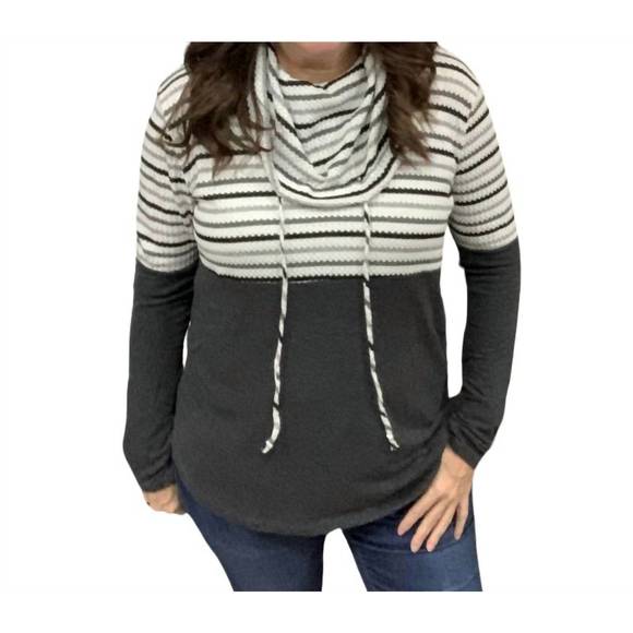 cowl neck pullover top in char/ivory