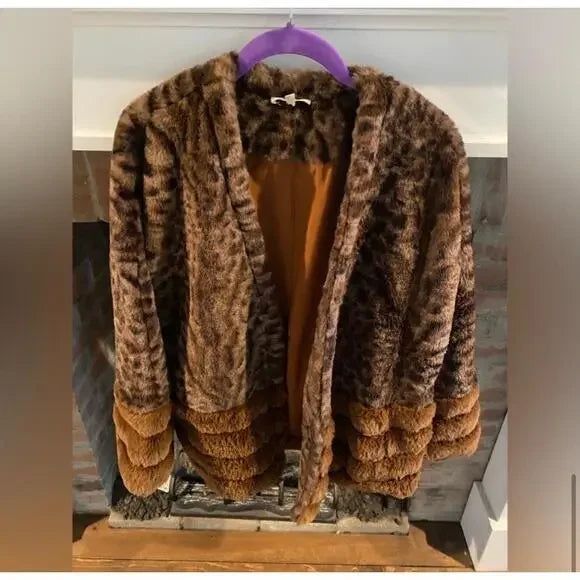 Mystree Womens L Brown Leopard Print Faux Fur Jacket Open Ribbed Trim Cozy