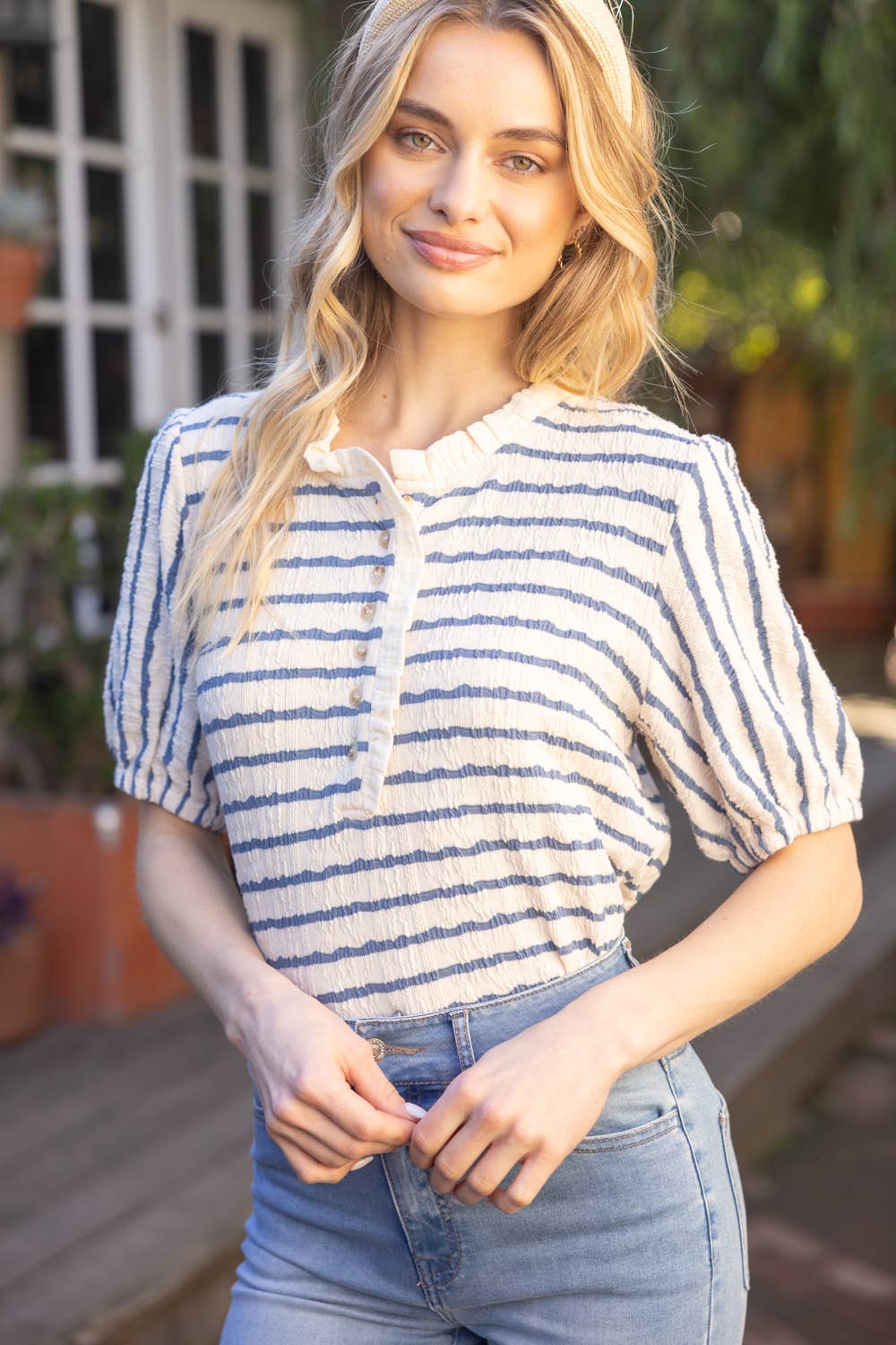 Ruffled Neck Button Front Striped Knit Top: Blue Spring-Summer VOY