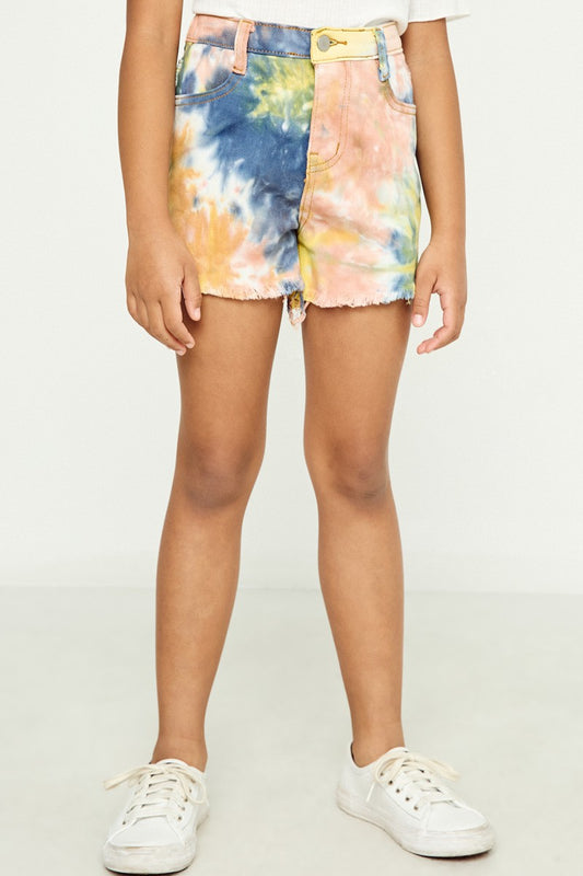 Girls Tie Dye Frayed Denim Shorts