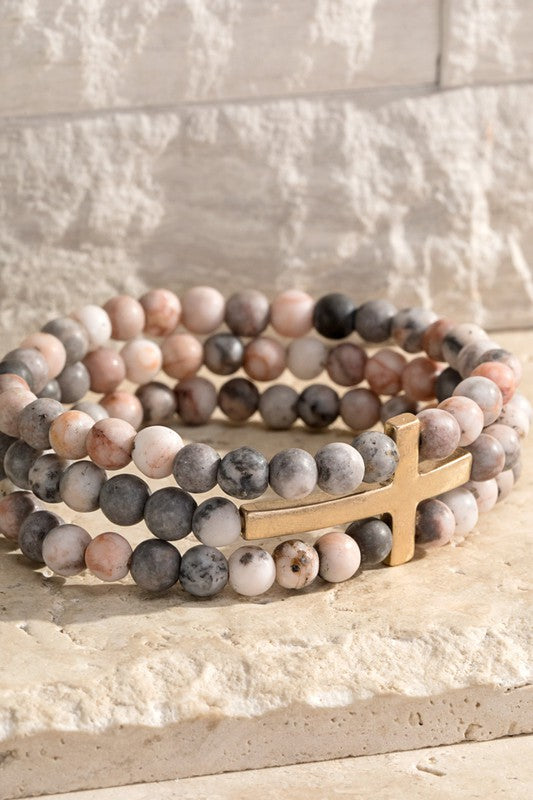 Cross Charm and Three Set Natural Stone Bracelet