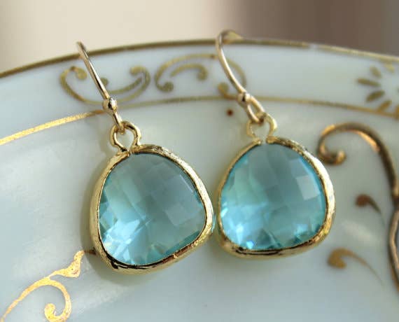 Aquamarine blue earrings with 16k gold plated glass gems and 14k gold filled earwires, elegant and suitable for sensitive ears.