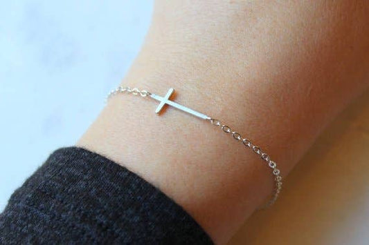 Silver Sideways Cross Bracelet, First Communion Gift Easter Core Laalee Jewelry