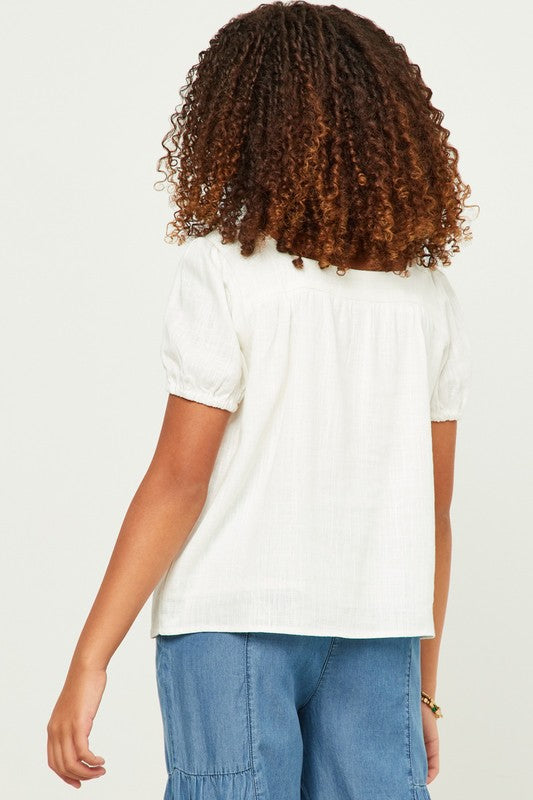 Girls Linen Look Square Neck Puff Sleeve Top Spring-Summer Hayden Los Angeles