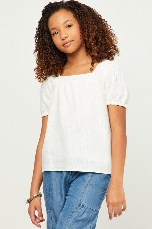 Girls Linen Look Square Neck Puff Sleeve Top Spring-Summer Hayden Los Angeles