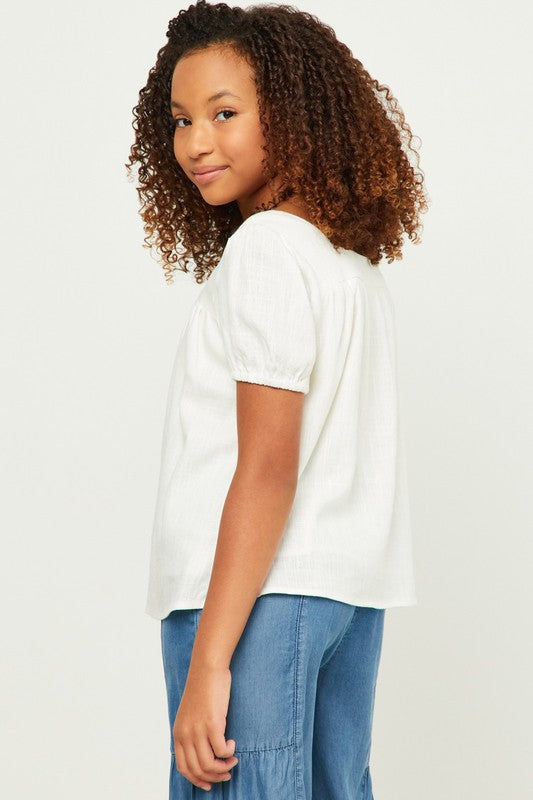 Girls Linen Look Square Neck Puff Sleeve Top Spring-Summer Hayden Los Angeles