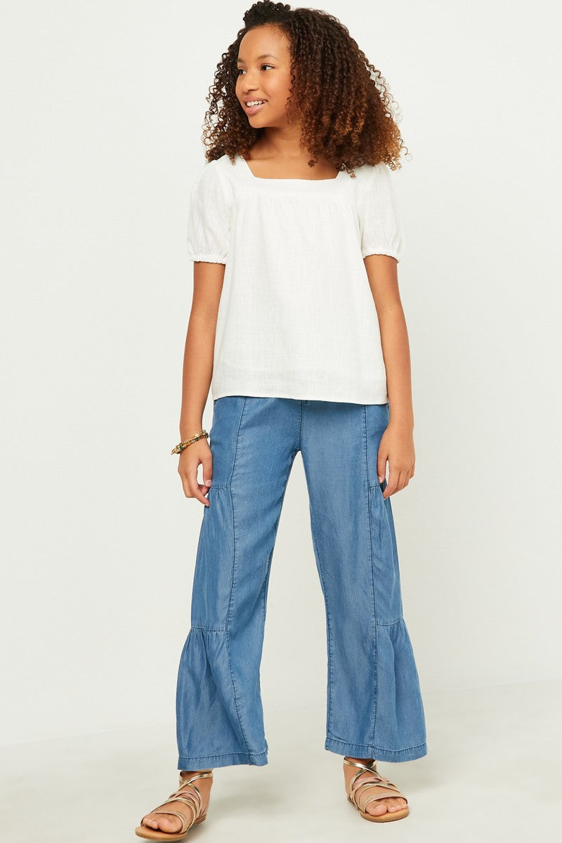 Girls Linen Look Square Neck Puff Sleeve Top Spring-Summer Hayden Los Angeles