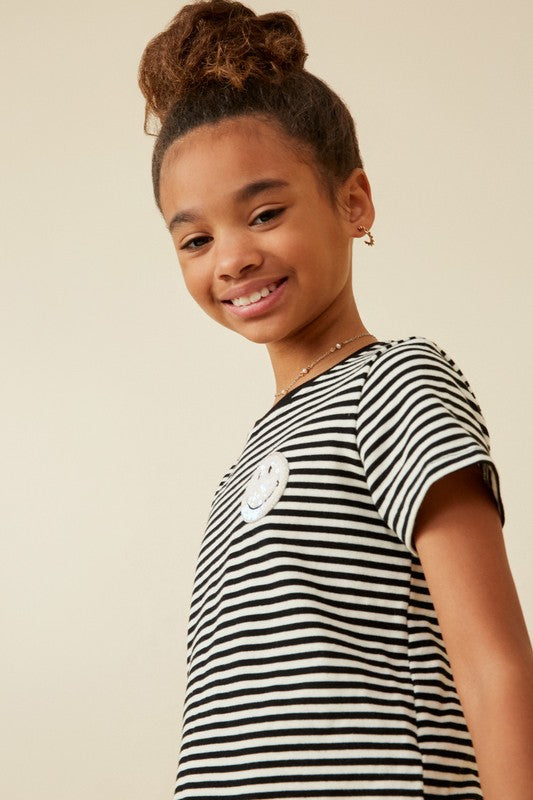 Girls Sequin Smiley Patch Striped Knit Top Spring-Summer Hayden Los Angeles