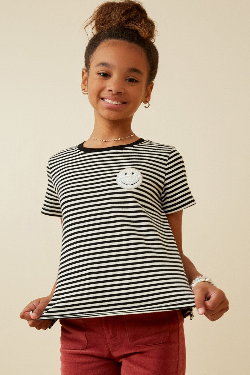 Girls Sequin Smiley Patch Striped Knit Top Spring-Summer Hayden Los Angeles