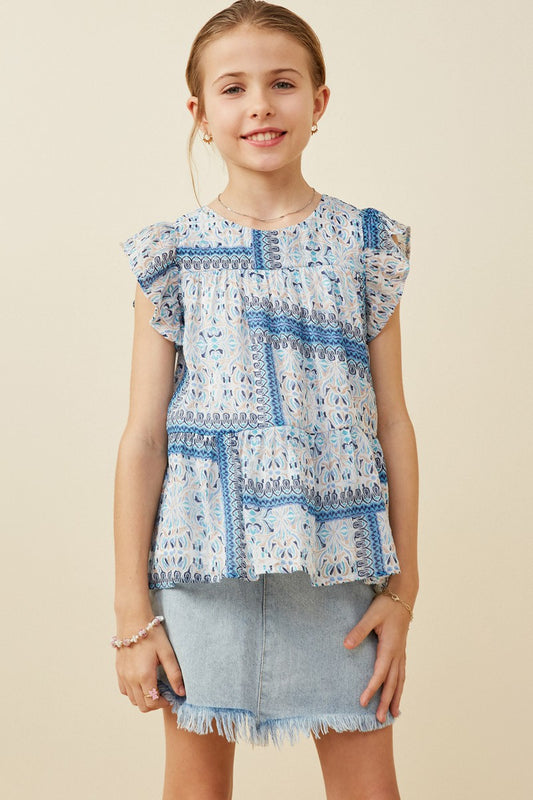 Girls Blue Handkerchief Print Ruffle Sleeve Peplum Top
