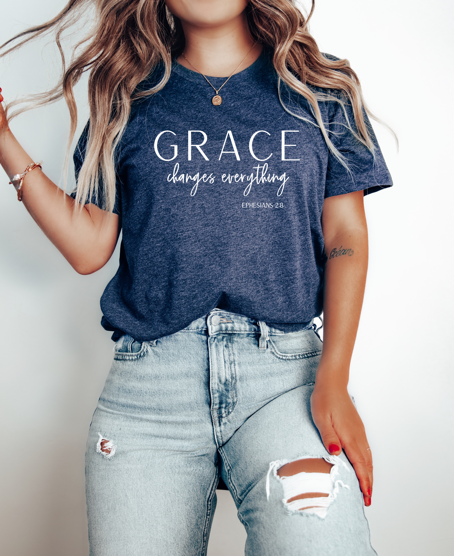 Graceful Faith Tee - 'Grace Changes Everything' - Ephesians: Navy Blue Core Rosa Mae Co