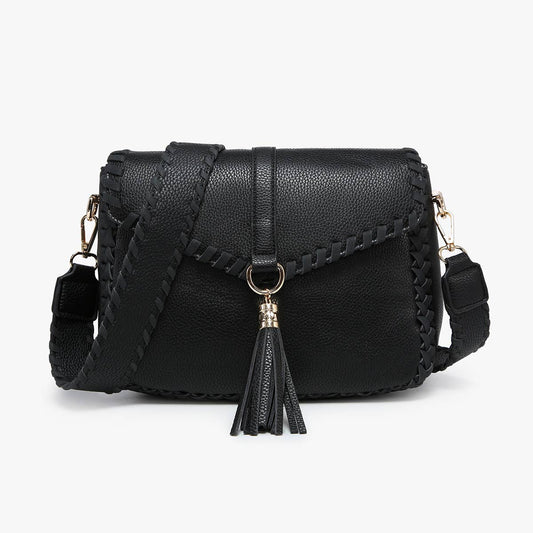 Black Whipstitch Flapover Crossbody w/ Tassel Fall-Winter Jen & Co.