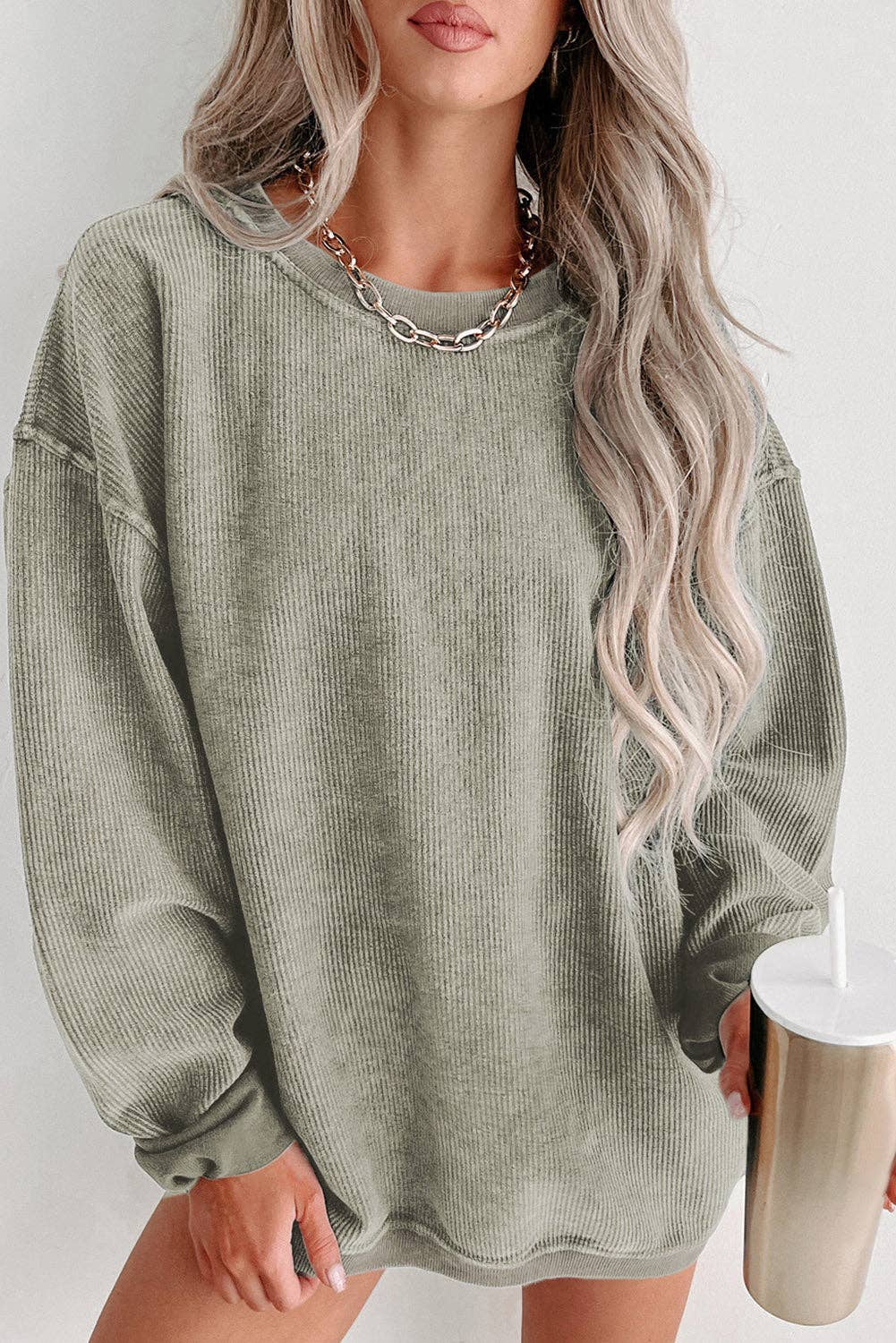 Solid Ribbed Knit Round Neck Pullover Sweatshirt: Green Spring-Summer Lovesoft