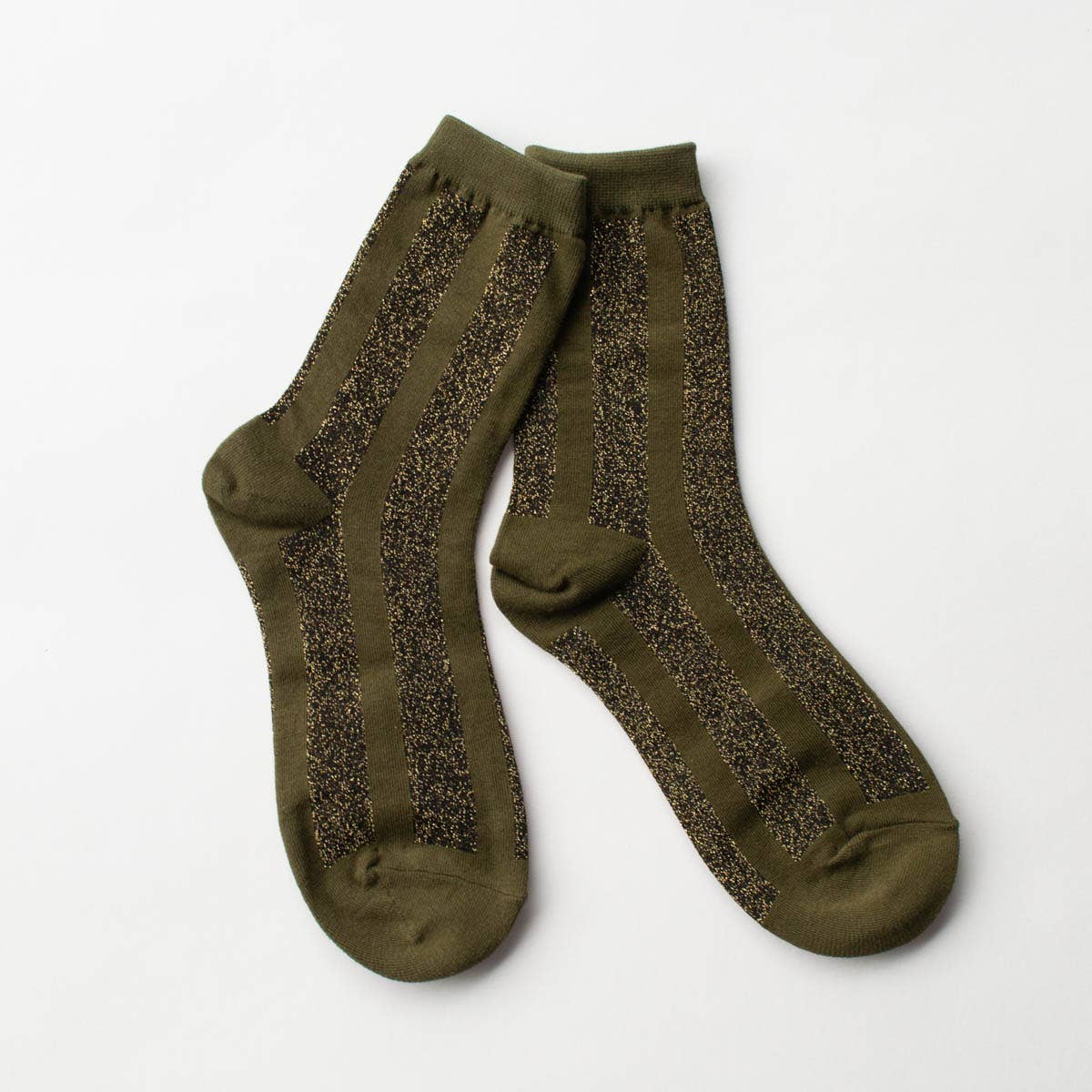 Glitter Vertical Striped Crew Socks: Olive/Green Core Tiepology
